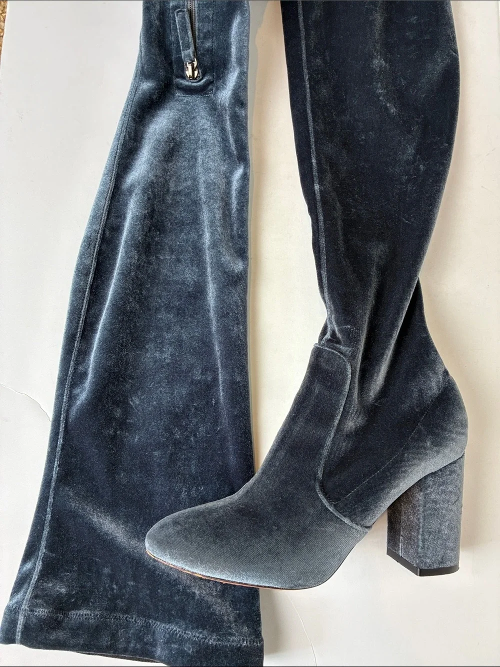 Aquazzura So Me Boots Stretch Velvet sz 36.5 Blue Gray Over The Knee Maximalist